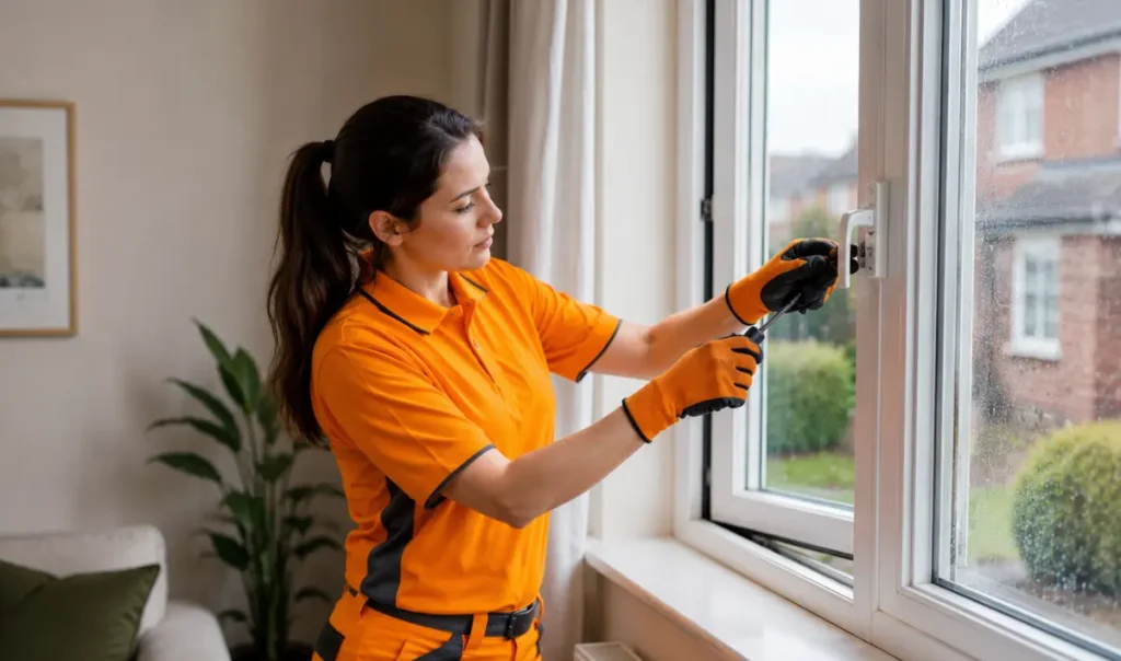 Skilled technician carrying out emergency broken window glass replacement at a Southampton house