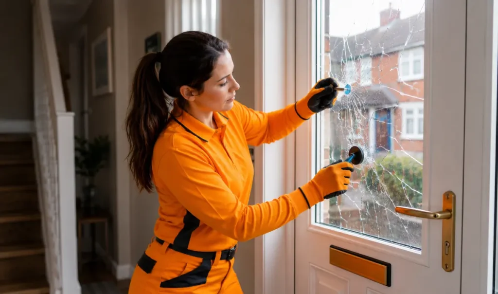 Female glazing specialist replacing cracked interior window glass inside a Southampton residential property