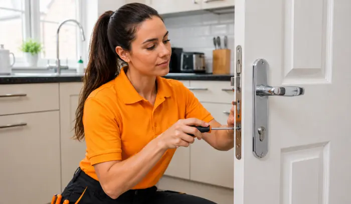Professional technician repairing a modern kitchen door lock inside a residential home in Southampton