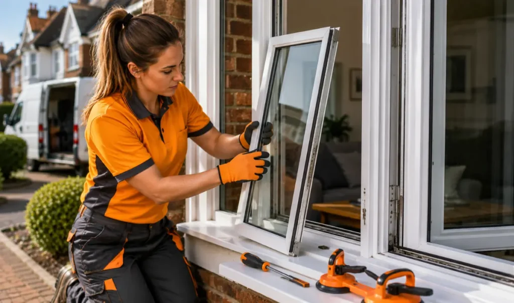 Expert replacing a failed misted double glazed glass unit in a white UPVC window at a UK residential property