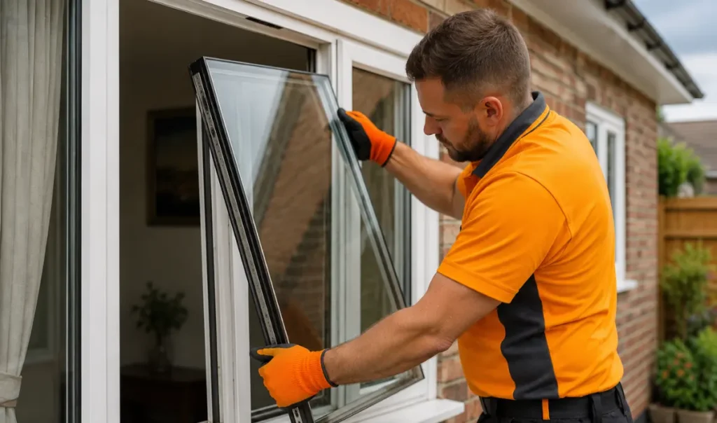 Experienced glazing specialist replacing a double glazed sealed glass unit in a white uPVC window at a UK residential property.