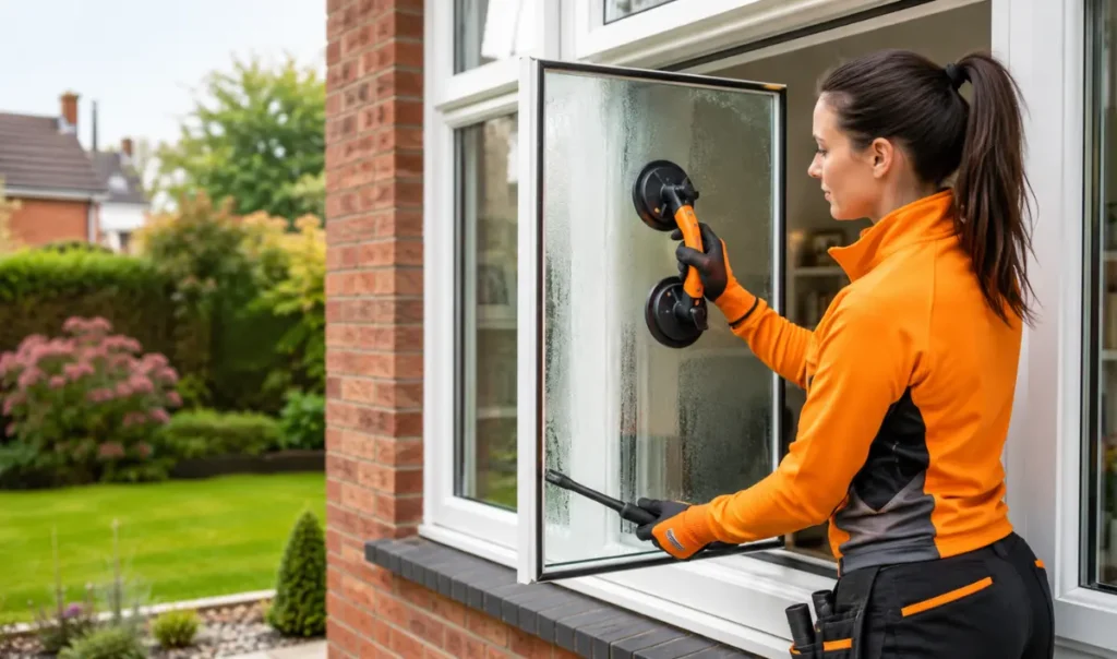 Experienced glazing technician replacing a failed double glazed sealed unit in a modern UK home to fix condensation between glass panes and restore thermal performance.