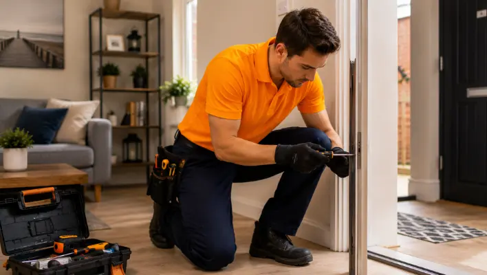 Experienced glazing technician repairing double glazed door in a UK home