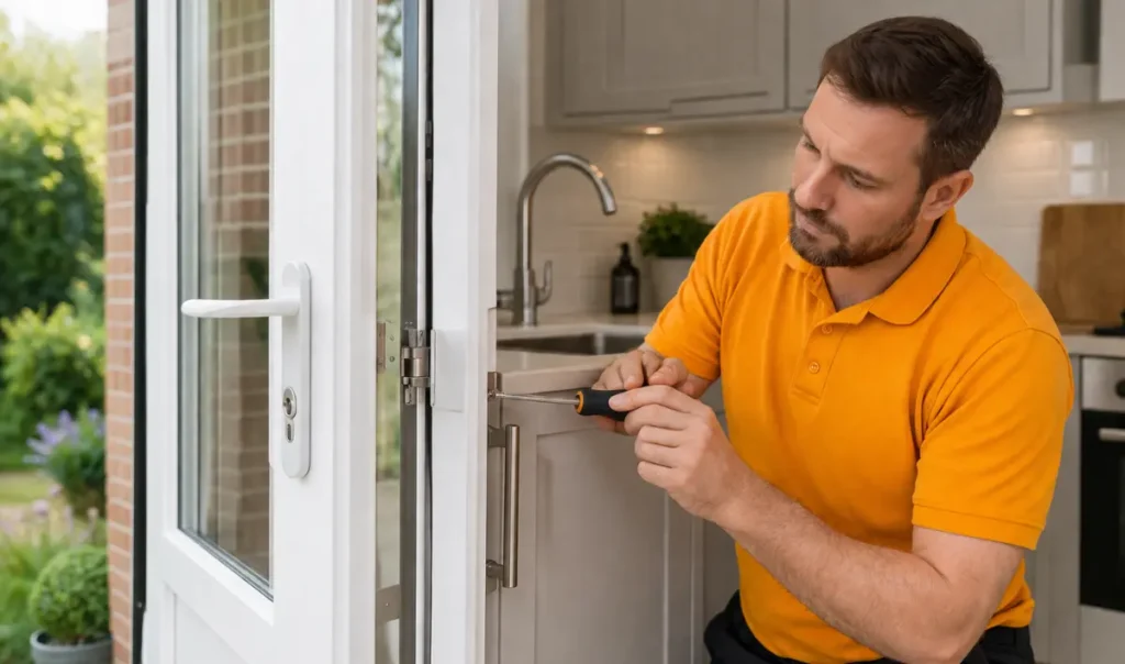 Engineer adjusting dropped UPVC door hinges to restore proper door alignment in Southampton