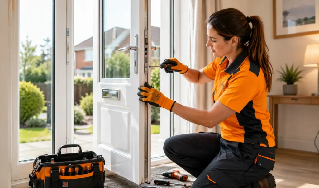 Female glazing specialist installing a new double glazed glass unit inside a modern UK home