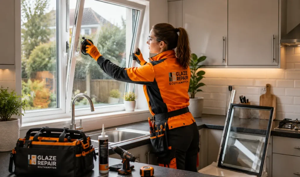 Female glazing specialist installing a replacement double glazed kitchen window in Southampton