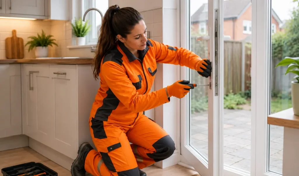 Expert technician carrying out double glazed window lock and hinge repair in a bright living room to improve window security and performance.