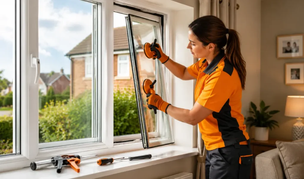Failed double glazing unit with condensation between glass panes being replaced by an experienced glazier