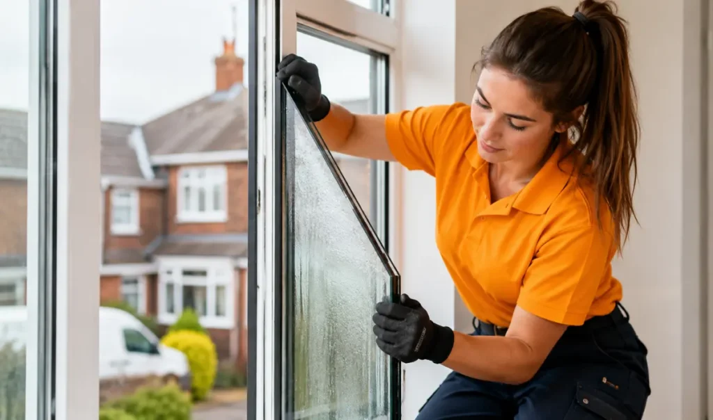 A professional technician replacing misted double glazing unit in a Southampton home