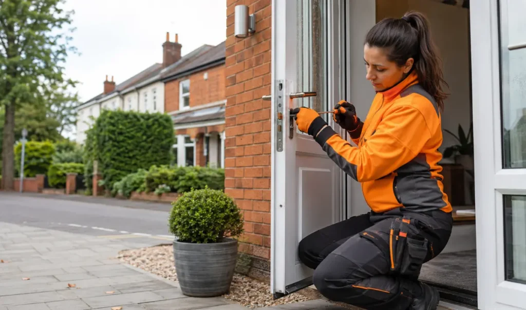 Glazing specialist repairing a sticking UPVC front door that is difficult to close