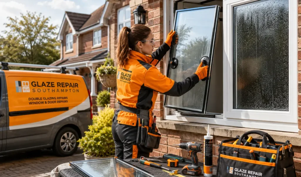 Glazing expert fitting a new insulated sealed glass unit into a white UPVC window
