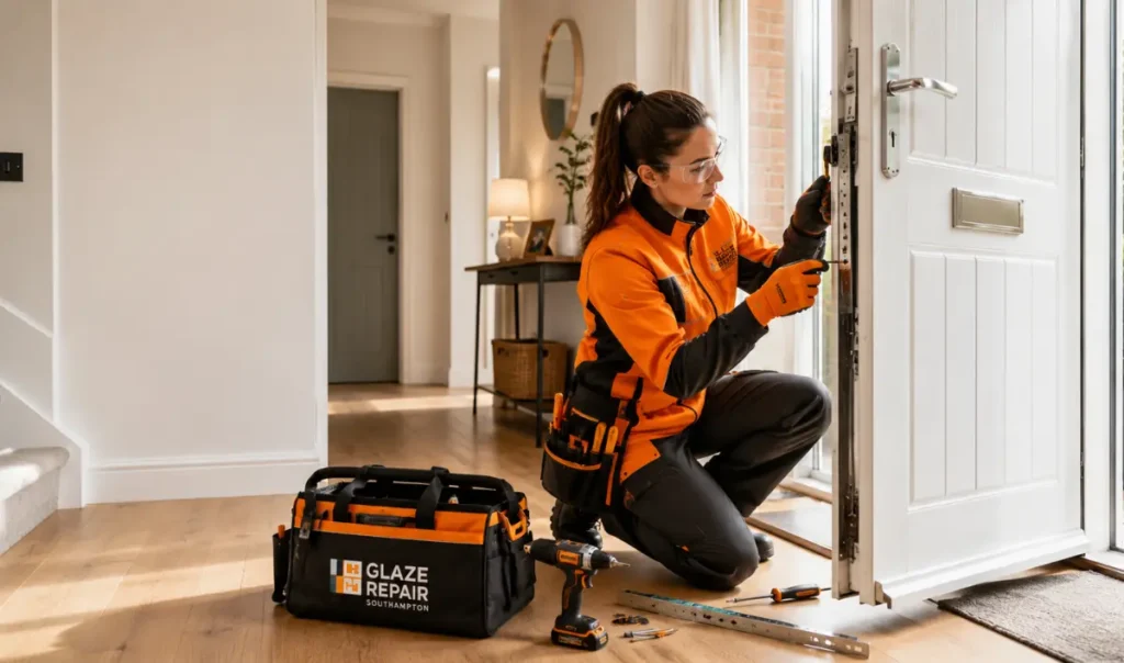 Expert repairing a faulty UPVC multipoint door lock inside a UK residential property