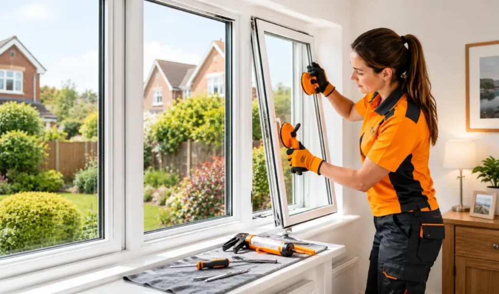 Expert replacing broken UPVC window glass to restore insulation and energy efficiency