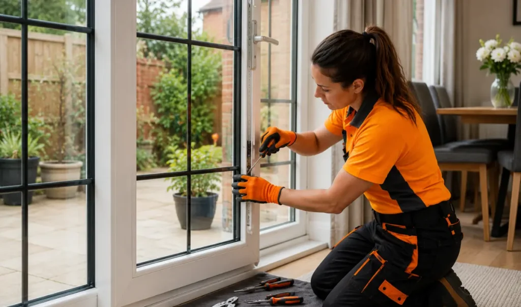 Skilled female engineer repairing the hinge and locking mechanism of a white uPVC double glazed window in a residential home.