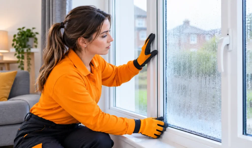 Glazing specialist examining moisture trapped inside a fogged double glazed unit in a modern Southampton living space UK