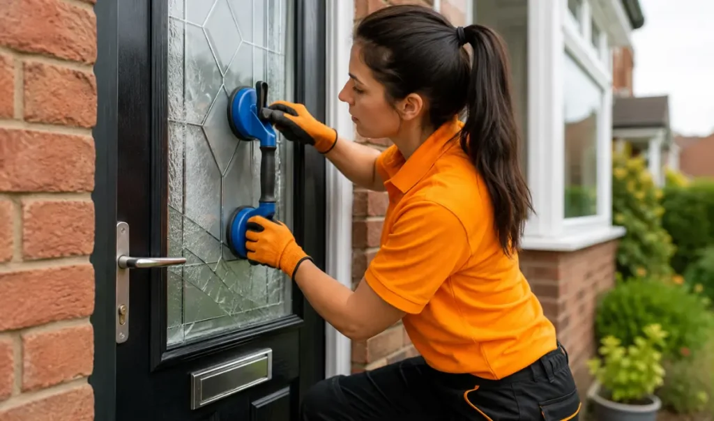 Female glazing technician securing a cracked glass panel in a black UPVC front door using suction lifters