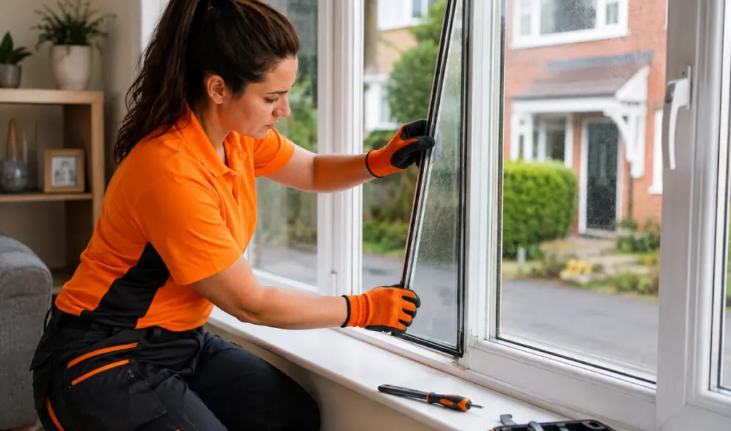 glazier carefully fitting a replacement glass pane into a white framed window