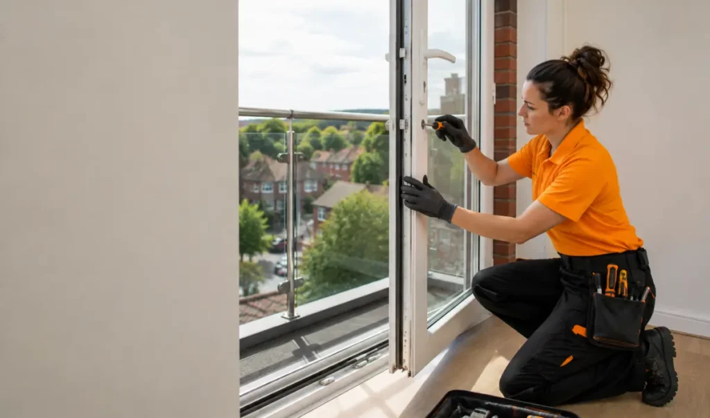 Female glazier repairing a glazed UPVC front door in Southampton