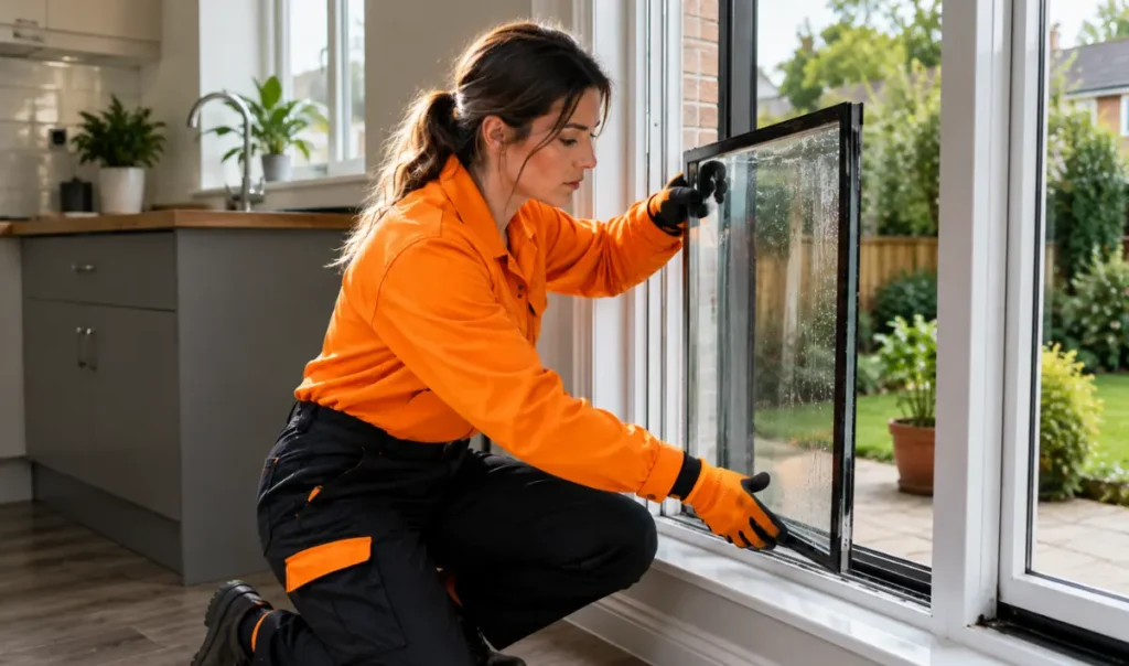 A female glazing technician in a bright orange work uniform carefully secures a glass panel in a white UPVC front entrance door during a residential repair in Southampton.