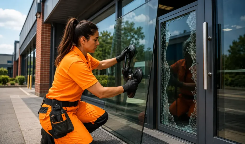 Female glazier fitting a large replacement glass pane at a commercial entrance