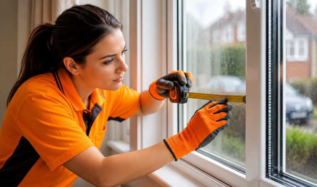 Window repair expert checking the depth of a double glazed unit for an accurate glazing repair in a residential property