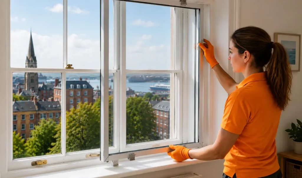 technician in an orange uniform fitting a secondary window panel inside a bright Southampton