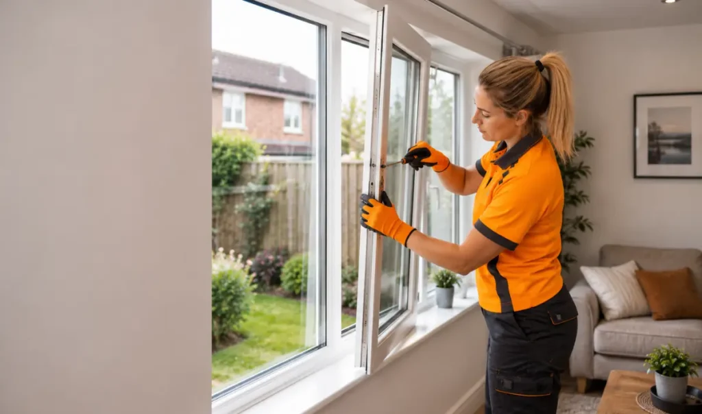 Interior living room showing a glazing specialist repairing a white UPVC double glazed window inside a Southampton property.