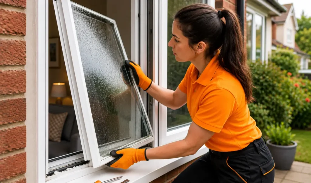 Female glazing technician removing a textured glass panel from a white UPVC window during a residential repair