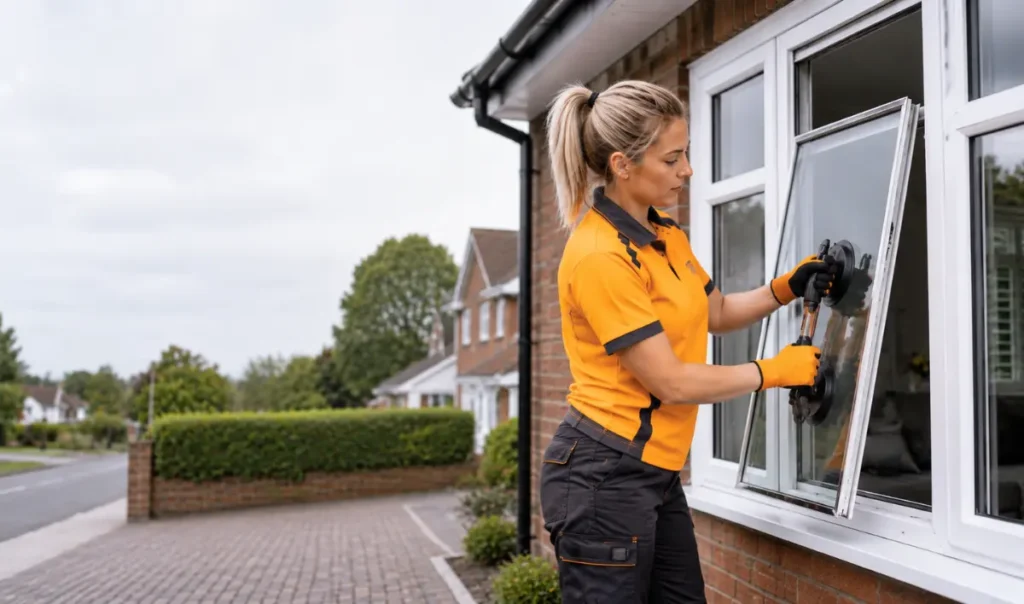 Double glazed glass door repair being completed inside a contemporary Southampton home to restore security and energy efficiency.