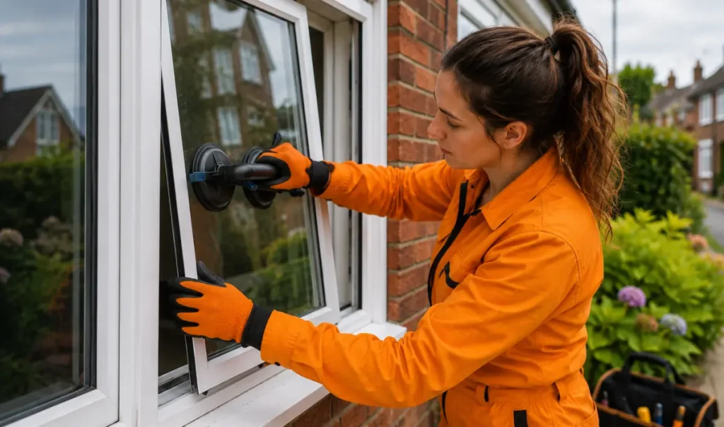 Technician using a suction lifter during uPVC window glass repair in Southampton UK