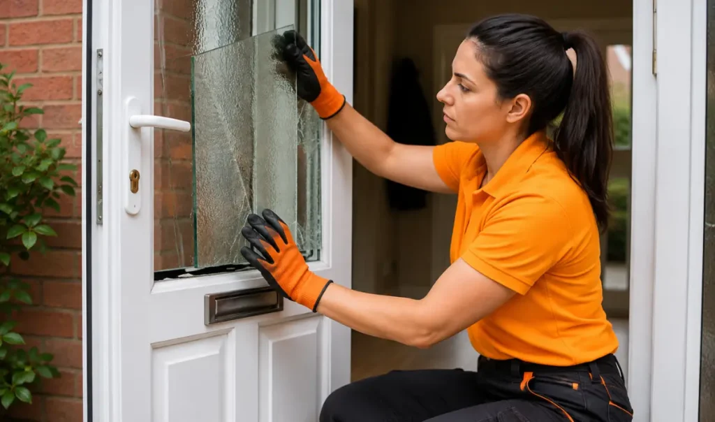 Female glazing technician fitting a new double glazed glass panel into a white UPVC front door at a Southampton home