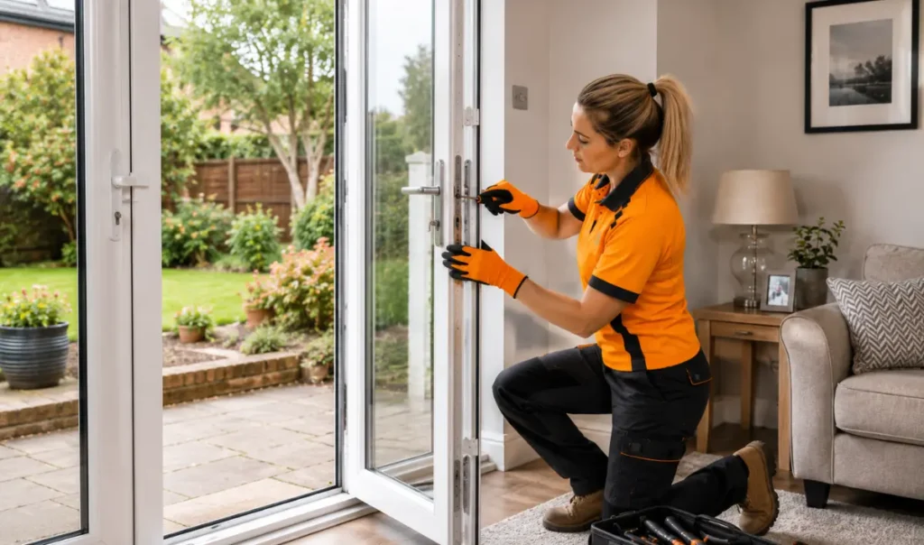 Professional repairing a white UPVC double glazed patio door with damaged glass and locking components inside a modern Southampton house.