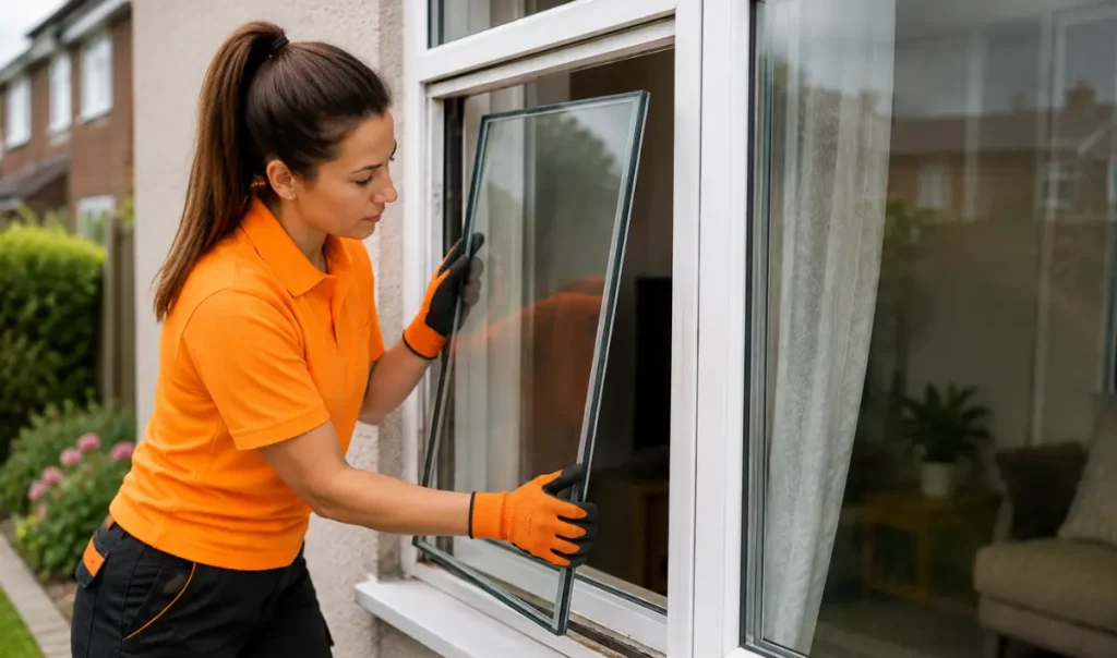 Glazing technician replacing glass in a white UPVC window at a Southampton home UK