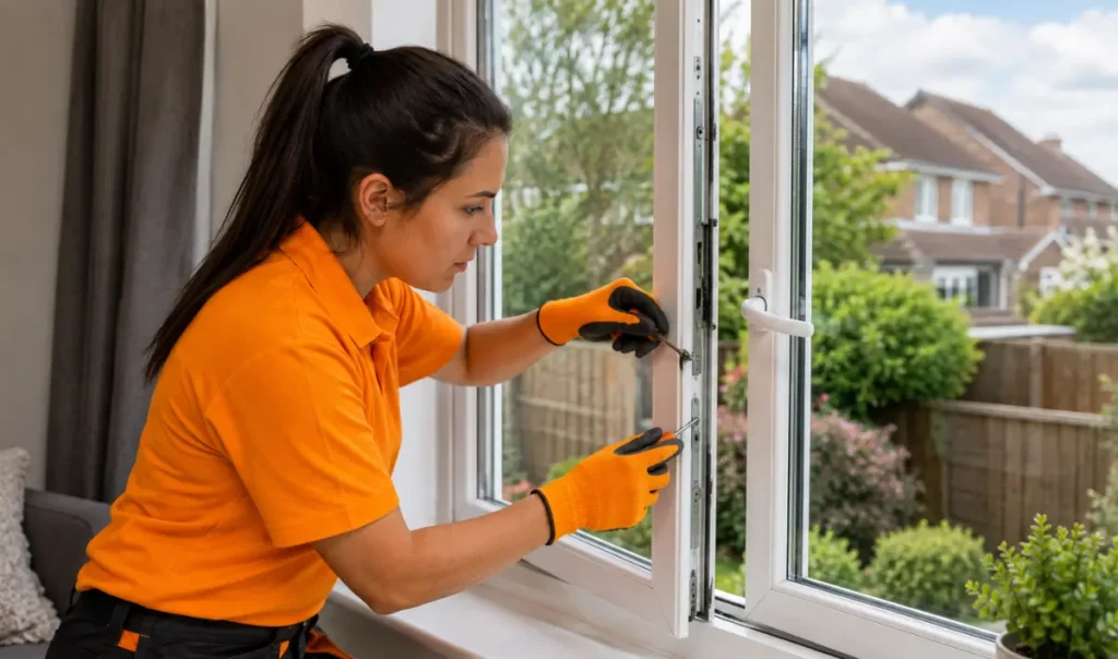 Technician repairing the locking mechanism of an open UPVC window