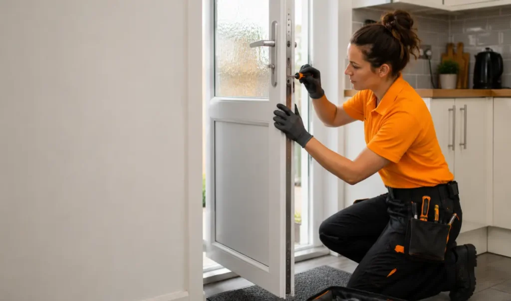 Female glazier repairing an upper floor glazed UPVC door