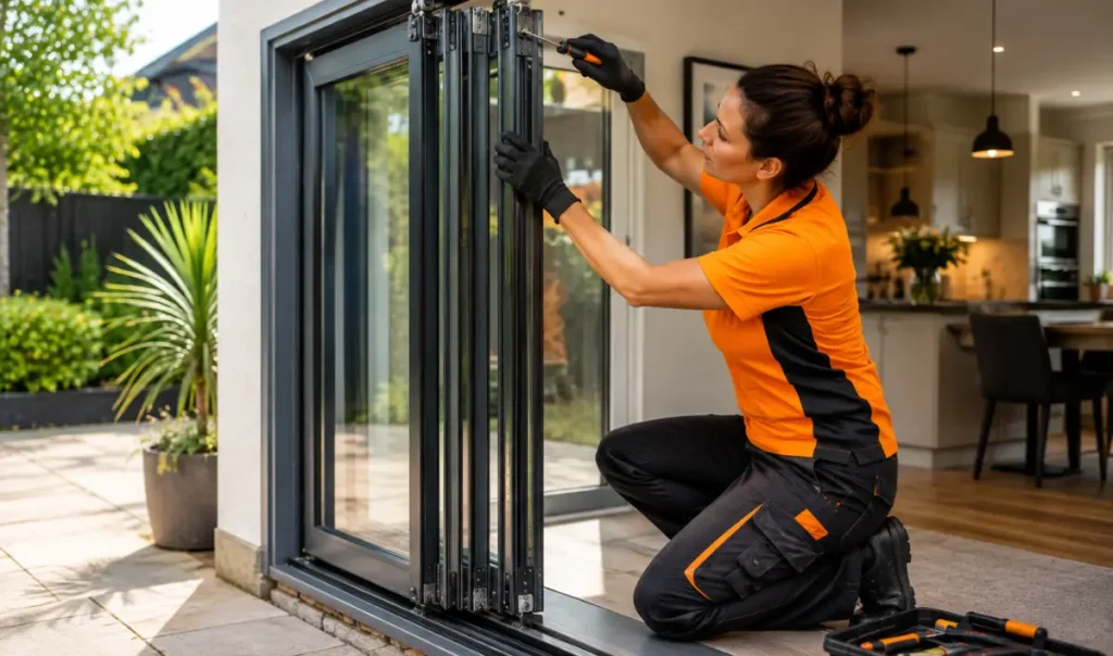 Professional technician repairing the locking mechanism on a bifold glass door