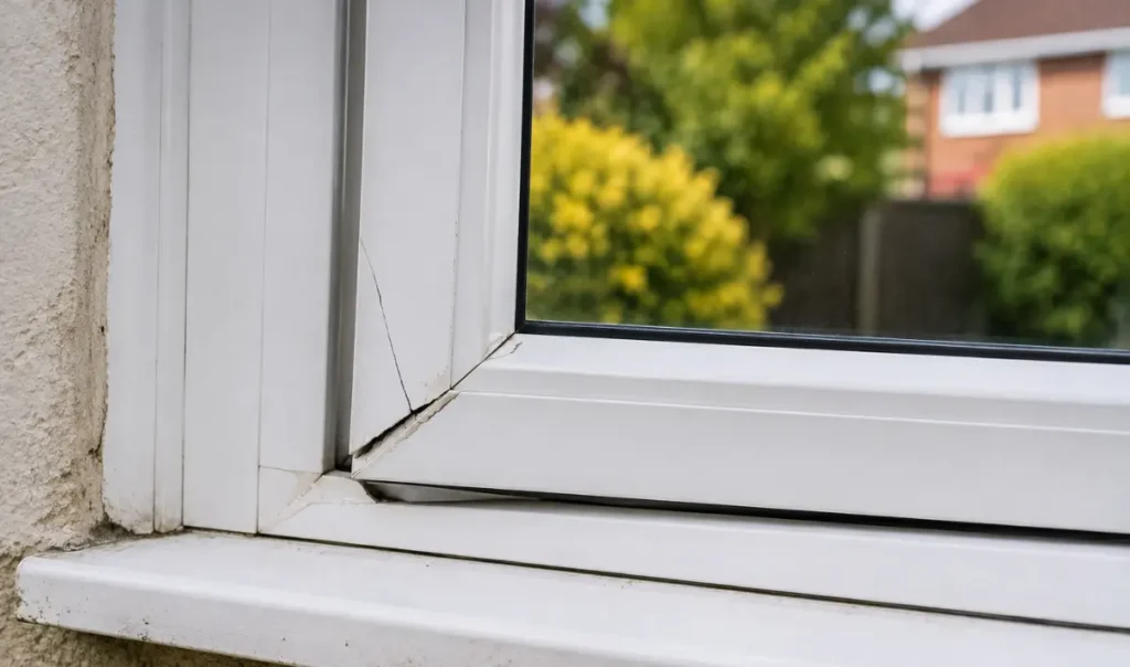 Broken lower section of a white UPVC window with visible frame cracking