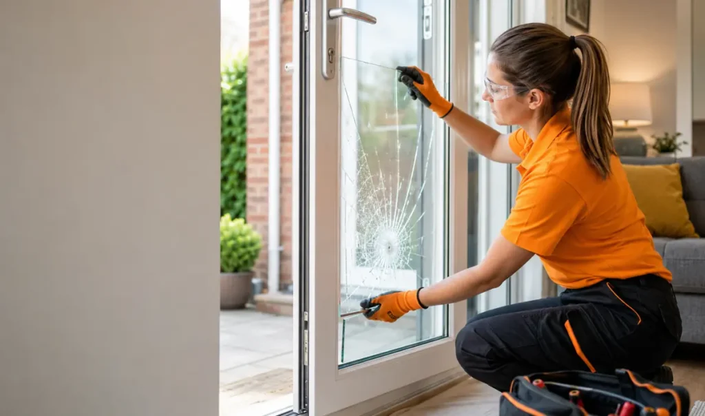 Technician adjusting the locking mechanism on a double glazed door in a Southampton