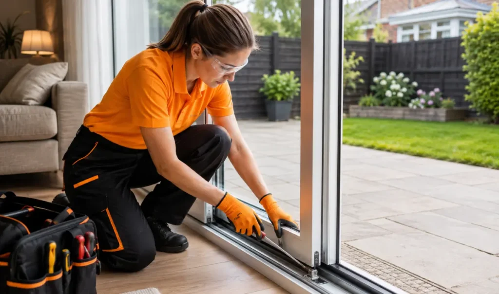 A technician repairing the lock on a double glazed door in a Southampton