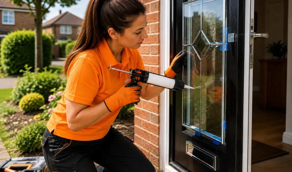 Glazing technician repairing a glass panel in a black front door at a Southampton