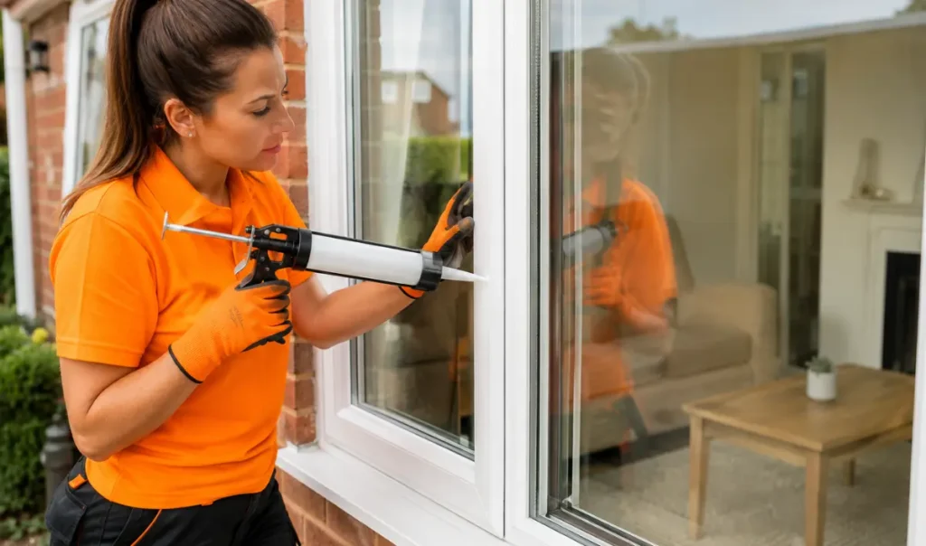 Technician fitting a clear glass pane into a double glazed window