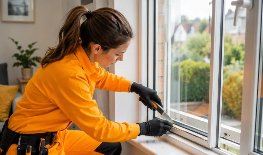 Glazing technician repairing an upper floor home window in a Southampton residential property
