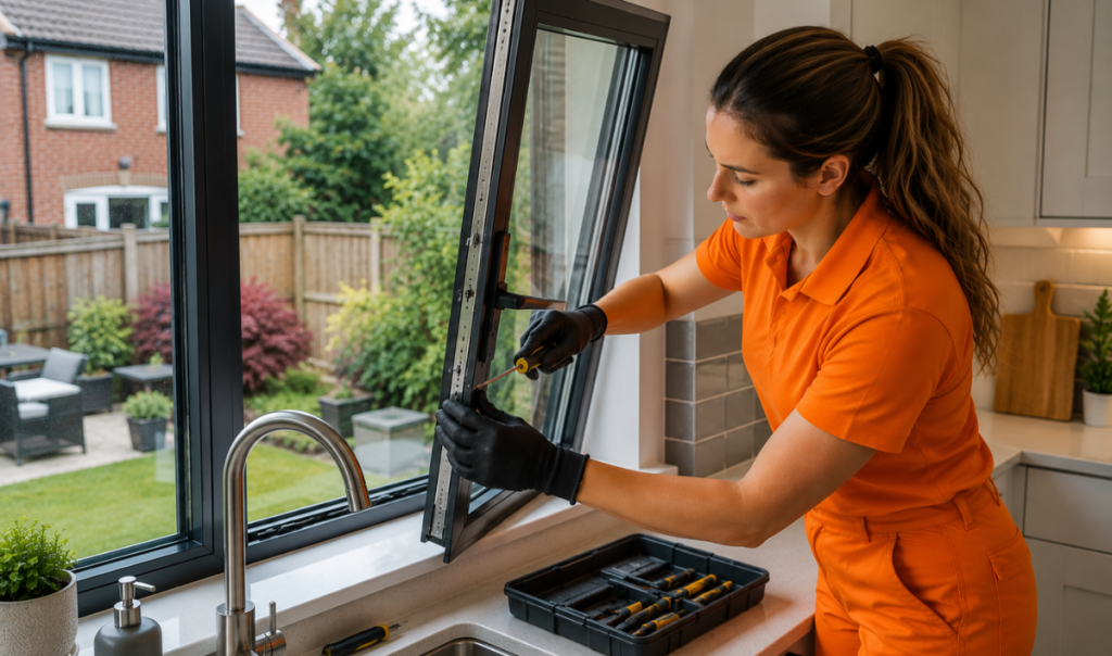 Technician servicing an aluminium kitchen window hinge