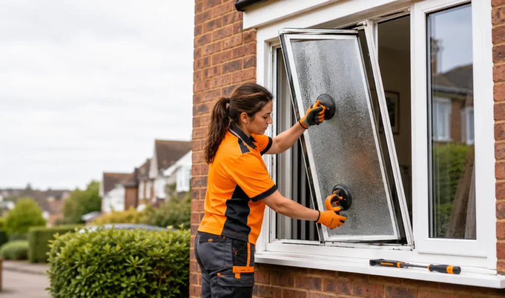 Professional technician replacing a failed misted double glazed bay window with a new sealed glass unit at a Southampton home.