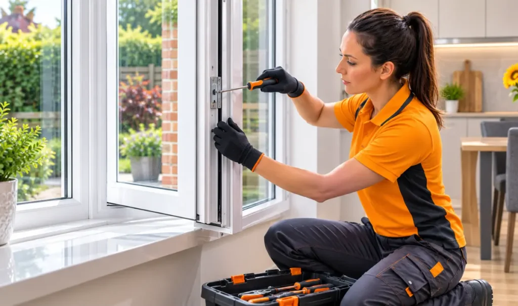 Glazing technician checking panel alignment and hinges on a modern bifold door in Southampton