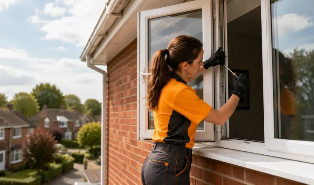Glazing technician adjusting the locking mechanism on an upper floor UPVC window