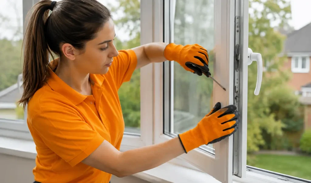 Woman repairing a stuck UPVC window hinge and frame with professional tools