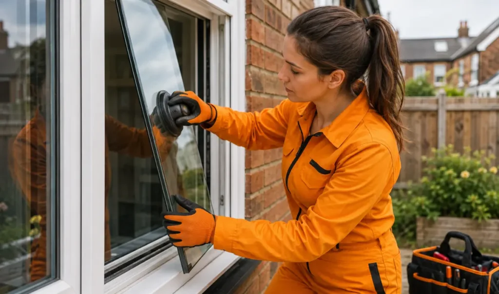 Female technician repairing a double glazed window in a Southampton home UK