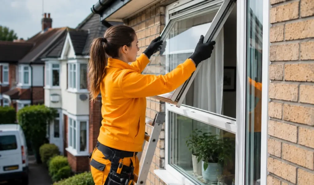 Glazier removing old window sealant during an indoor uPVC glazing repair in a Southampton home UK