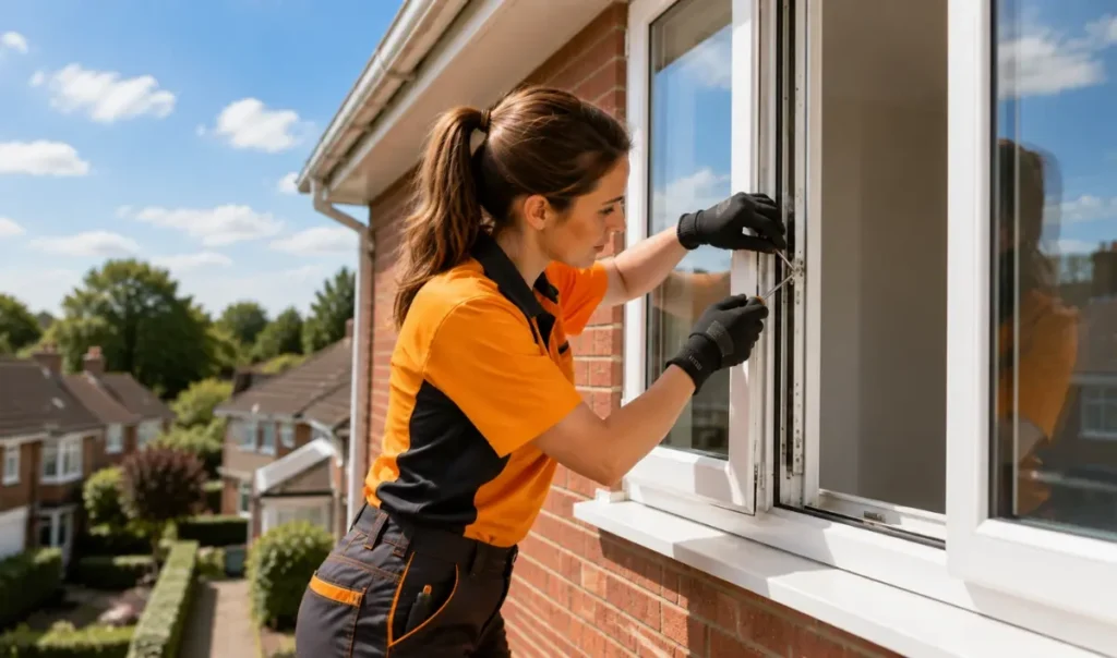 Professional female technician repairing a UPVC window lock on a brick house